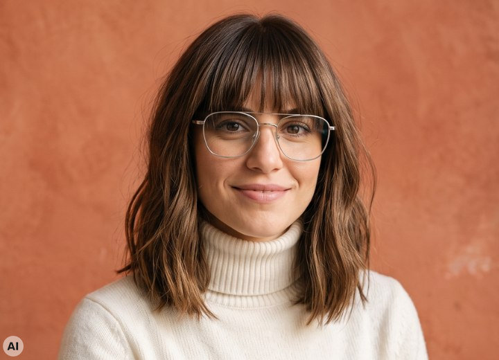 Gafas de montura fina combinadas con flequillo largo