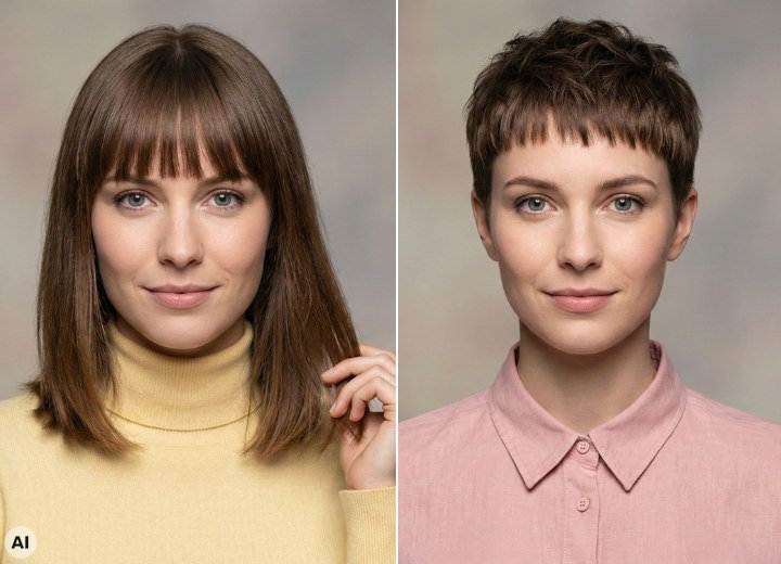 Mujer antes y después de un cambio de look de largo a corto